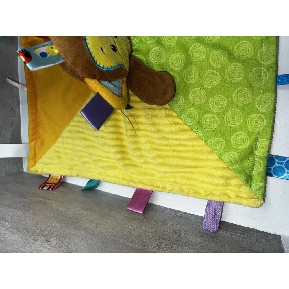 Taggies Monkey Lovey Security Blanket Plush Sensory Color Block Satin Tags